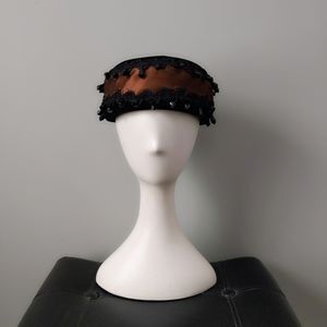 Vintage Cotillion France Cooper Satin Black Velvet Beaded Art Deco Pillbox Hat